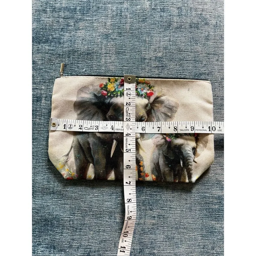 Elephant Mom Baby Floral Cotton Canvas Small Makeup Bag Travel Toiletry Pouch
